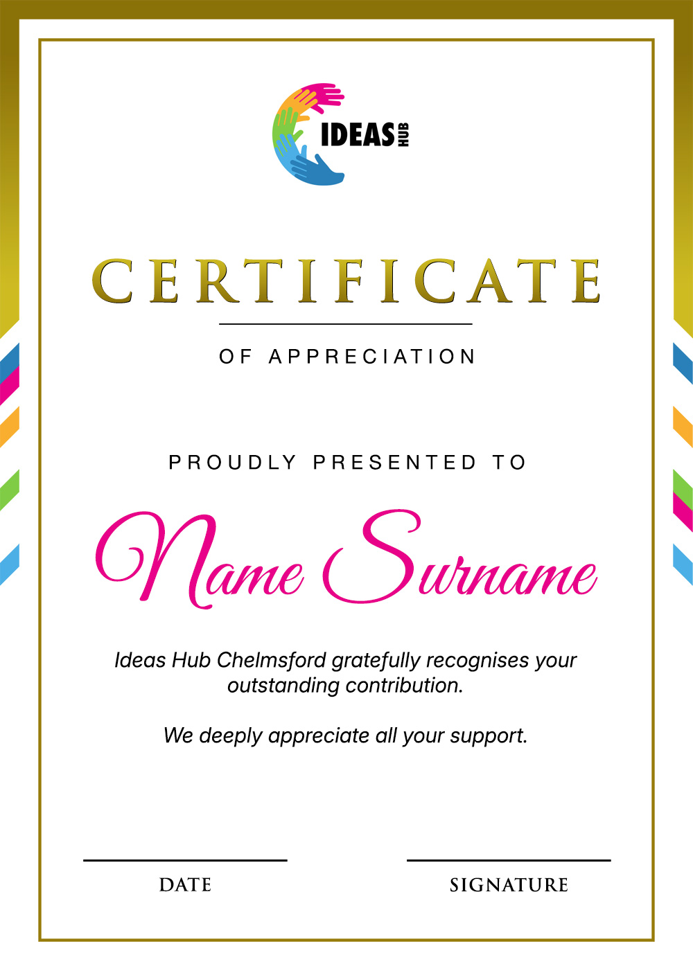 Certificate of Appreciation for the Ideas Hub 10th Anniversary event.